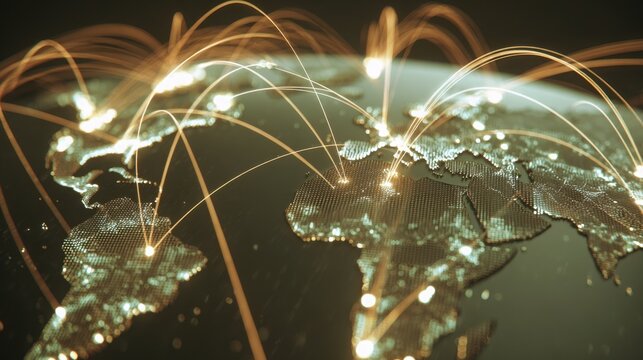 animated looking world map with glowing network connections, energy lines pulsating across continents, symbolizing global communication and data flow