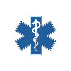 Blue medical emergency services icon featuring a white snake staff and six-pointed cross, universally recognized for healthcare, first aid, and urgent response