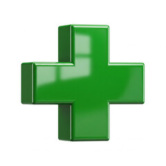 Obraz premium Green glossy medical cross symbol, healthcare emblem or a plus sign representing first aid