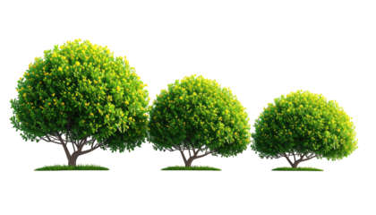 Three vibrant green trees of varying sizes stand isolated on a white background, showcasing natural growth.