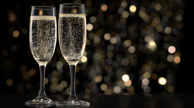 Two champagne glasses with golden bubbles on dark bokeh background