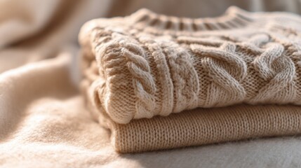 cozy beige cable knit sweater neatly arranged on soft wool blanket, gentle natural lighting, visible thick textured pattern, warm home atmosphere