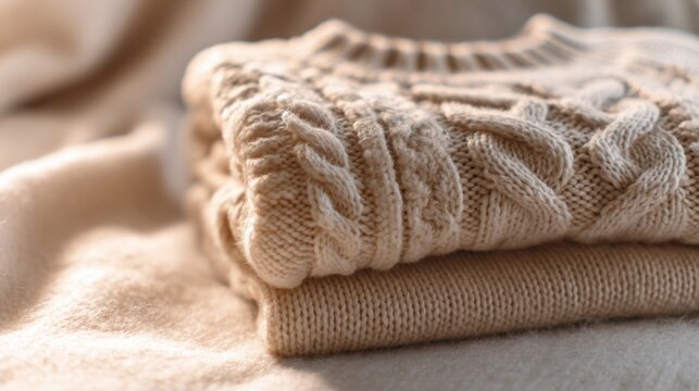 cozy beige cable knit sweater neatly arranged on soft wool blanket, gentle natural lighting, visible thick textured pattern, warm home atmosphere