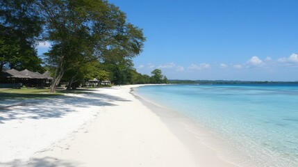Pristine white sand beach stretches along a tranquil turquoise ocean.