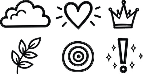 Black and white hand-drawn doodle icons related to creativity, imagination, mind, thoughts, and ideas vector illustration