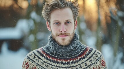 cozy portrait of a man in a Nordic patterned knitted sweater, snowy background, warm soft light, natural expression, detailed Scandinavian design