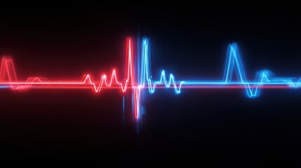 dynamic digital background representing a glowing heartbeat waveform in motion, neon red and blue pulse lines moving rhythmically on dark background