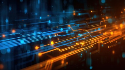 dynamic glowing circuit lines pulsing with light, symbolizing energy and connectivity, tech inspired blue and orange palette, high resolution