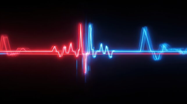 dynamic digital background representing a glowing heartbeat waveform in motion, neon red and blue pulse lines moving rhythmically on dark background - Powered by Adobe