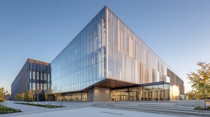Obraz premium modern education building sunlight through glass facade