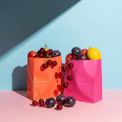 Grocery Shopping: Freshly Picked Fruits in Trendy Paper Bags with Hard Light.
