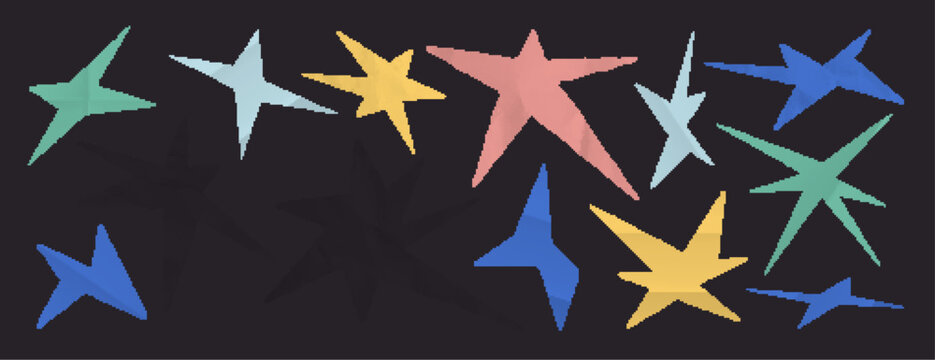 Paper star collage elements with torn cutout shapes in pastel colors on dark background. Vector set of handmade zine stickers - colorful geometric forms for scrapbook or craft design projects.