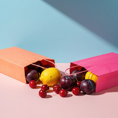 Minimalist Still Life of Grocery Shopping Bags Overflowing With Fresh Produce.