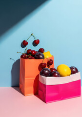 Healthy Eating Concept: Two Colorful Bags of Fruits Against a Blue Backdrop.
