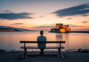 Obraz premium Man on bench with sunset, and sea castle.