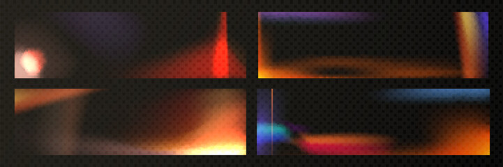 Film leak light effect with flare overlay on transparent background. Vintage photo filter set - rainbow grain spectrum, orange glow, blue and red colors for old retro photography aesthetics.
