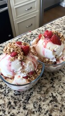 Fototapeta premium Indulging in strawberry swirl ice cream topped with gummy mushrooms, granola, and sprinkles on a sunny kitchen counter