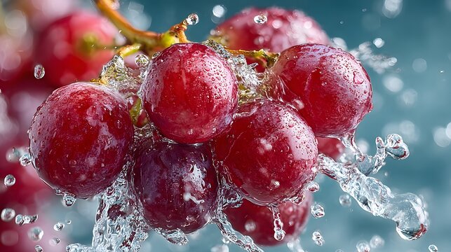 Close-up, dynamic shot of fresh red grapes being hit by a cascade of clear water. The refreshing splash highlights their plumpness and deep, vibrant juiciness.