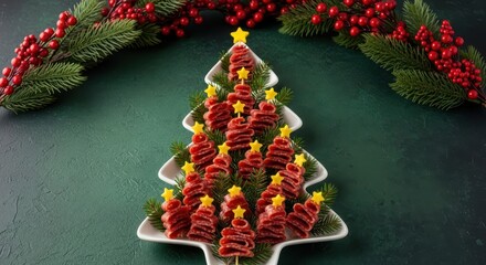 Christmas tree appetizer made of meat on skewers, festive food