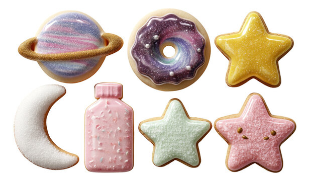 Colorful Watercolor Cookies with Cosmic and Celestial Themes on Transparent Background