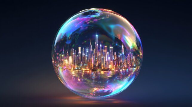 iridescent soap bubble containing futuristic neon city skyline, floating in darkness with reflections of light, concept of modern civilization - Powered by Adobe