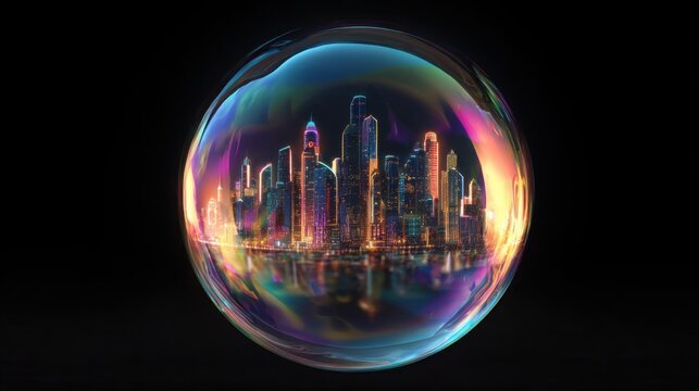 iridescent soap bubble containing futuristic neon city skyline, floating in darkness with reflections of light, concept of modern civilization