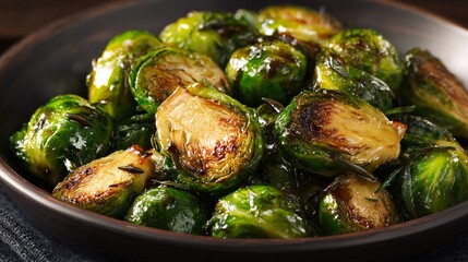 A roasted brussels sprouts tossed with maple glaze, cinematic contrast