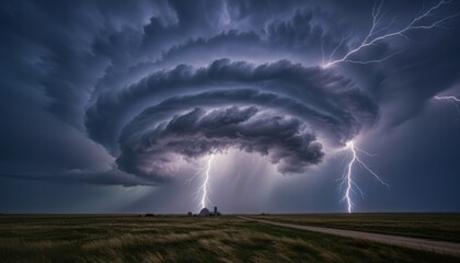 Dramatic storm clouds with lightning striking over open landscape  