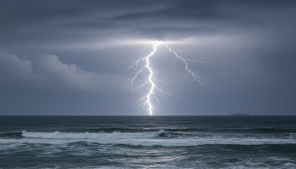 Lightning striking over ocean waves during stormy weather  