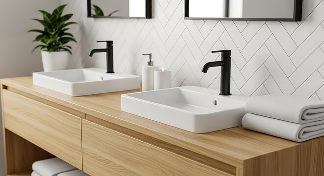 Modern bathroom with double sink, wooden vanity, and herringbone tile wall