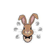 Cute cartoon rabbit illustration, charming character with polka dot ears and stylish bow tie, isolated on white background