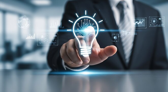 Businessman touching lightbulb with digital interface displaying data visualizations and insights