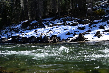 Huntington lake and river in winter with snow