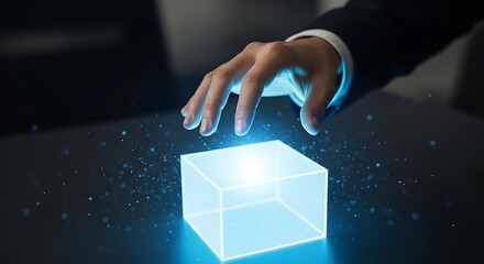 A hand reaching towards a glowing cube on a dark surface with small particles floating around it