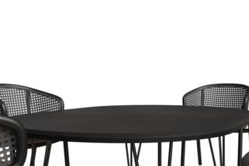 A dark, round table sits centered with woven-back chairs peeking on sides, creating an isolated, minimalist vignette