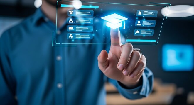 Businessman interacts with glowing futuristic digital education interface selecting graduation cap icon for learning