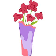 Simple Cartoon Vase With Five Pink Roses And Green Stems On A Transparent Background