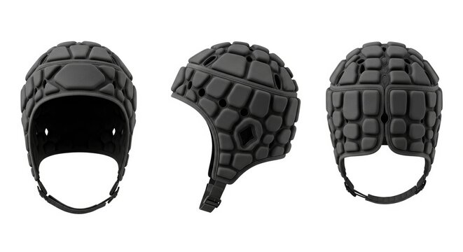 Black padded rugby helmet or scrum cap for player safety shown from different views isolated