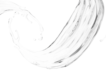 Crystal clear liquid in a dynamic, sweeping arc, with fine droplets scattering. Captures fluid motion