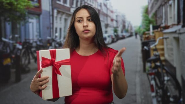 Woman holding a wrapped gift box and gesturing with her hand on a city street; hesitation uncertainty.