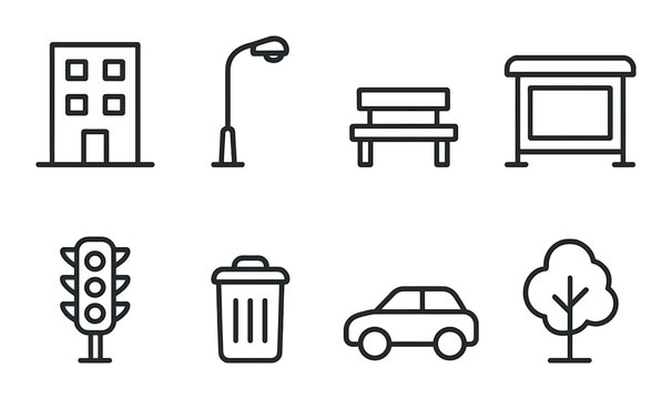 Urban elements icon set: building, streetlamp, bench, billboard, traffic light, trash can, car, tree