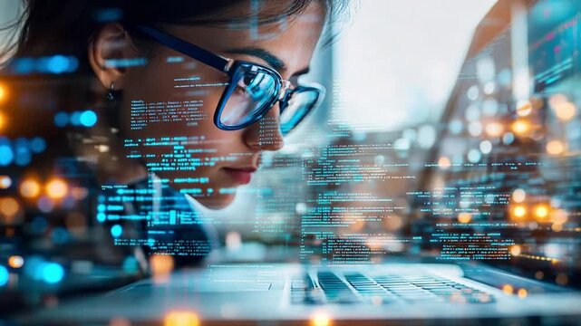 Focused programmer analyzing code with reflection on glasses, innovative technology
