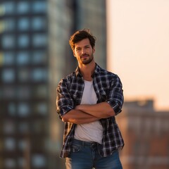 Fototapeta premium Confident Man in Casual Outfit Standing Outdoors at Sunset