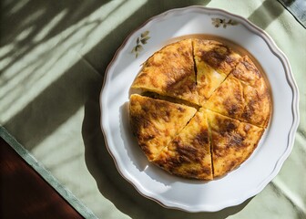 Delicious spanish tortilla on a white plate with sunlight shadows