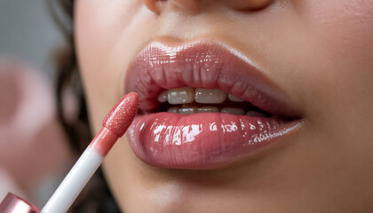 Woman applies glamorous pink lip gloss for a vibrant and modern look