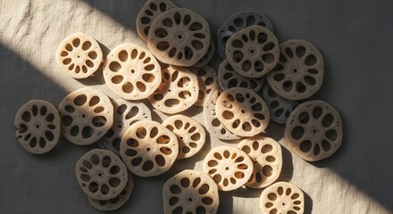 Fototapeta premium Sliced Lotus Root Displayed On Textured Surface With Natural Lighting and Shadows Overcast