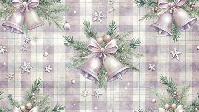 pastel sage green and ivory watercolor plaid  adorned with small watercolor bells and holly leaves Background 
