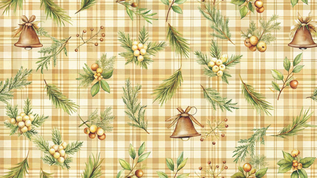 pastel sage green and ivory watercolor plaid  adorned with small watercolor bells and holly leaves Background 
