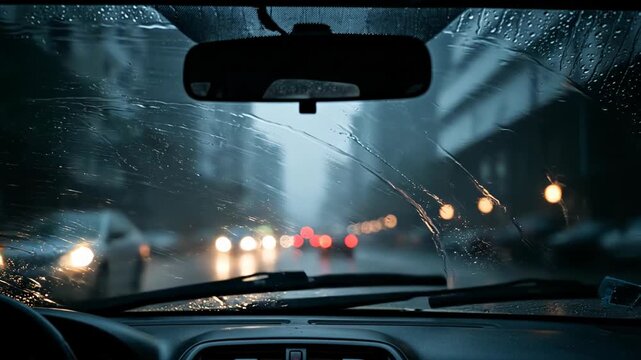 Driving through torrential rain at night with car wipers sweeping raindrops