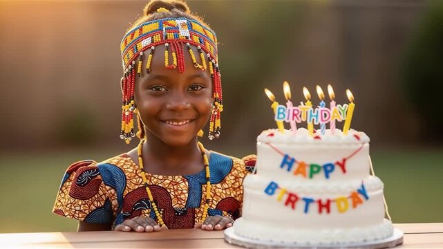 African girl celebrating birthday with cake and candles outdoors in soft natural light